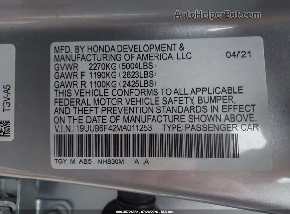 19UUB6F42MA011253 2021 ACURA TLX Silver Widok komory silnika