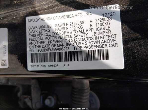 19UUB6F45MA006922 2021 ACURA TLX Black Widok komory silnika