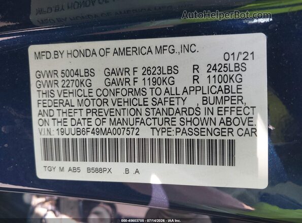 19UUB6F49MA007572 2021 ACURA TLX Blue Vista del compartimento del motor