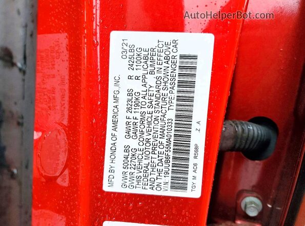 19UUB6F55MA010333 2021 ACURA TLX Red Вид підкапотного простору