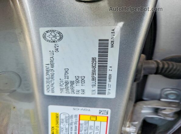 19UUB6F56MA802586 2021 ACURA TLX Silver VIN կոդի պիտակի տեսք