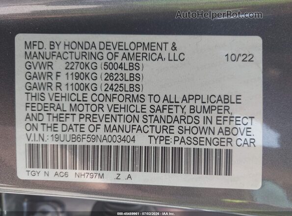 19UUB6F59NA003404 2022 ACURA TLX Gray ძრავის განყოფილების ხედი