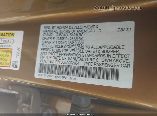 19UUB7F00NA002104 2022 ACURA TLX Brown Engine compartment view