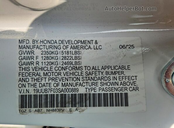 19UUB7F03SA000889 2025 ACURA TLX White Widok komory silnika