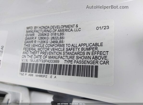 19UUB7F93PA000669 2023 ACURA TLX White ძრავის განყოფილების ხედი