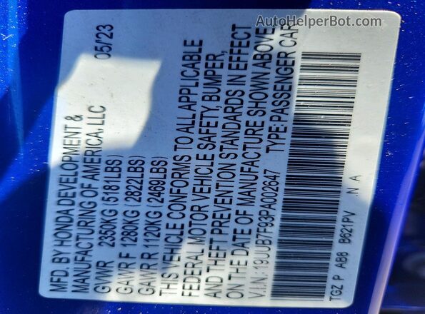 19UUB7F93PA002647 2023 ACURA TLX Blue VIN կոդի պիտակի տեսք