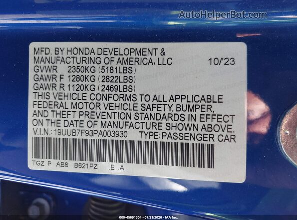 19UUB7F93PA003930 2023 ACURA TLX Blue Engine compartment view