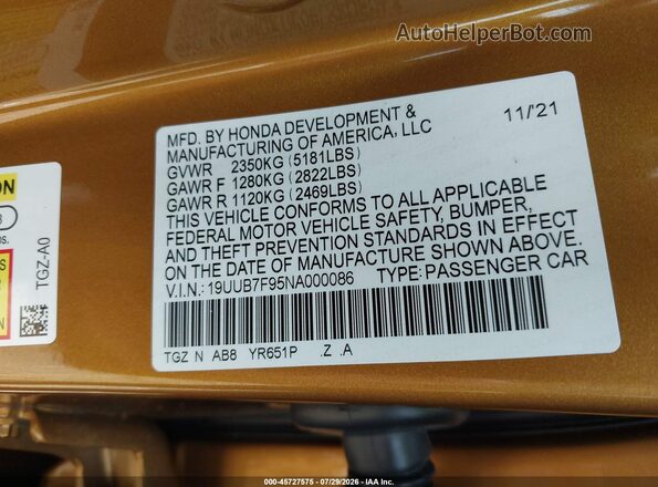19UUB7F95NA000086 2022 ACURA TLX Orange Vista del compartimento del motor