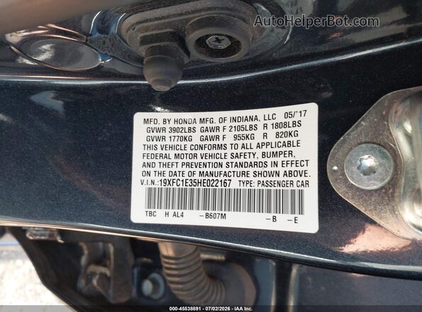 19XFC1E35HE022167 2017 HONDA CIVIC Black Вид підкапотного простору