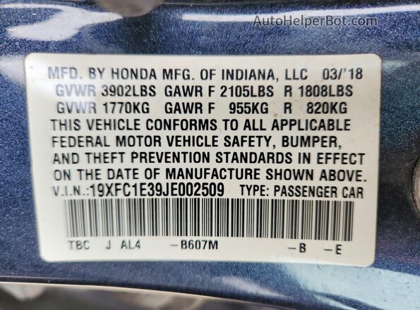 19XFC1E39JE002509 2018 HONDA CIVIC Gray Vista del compartimento del motor