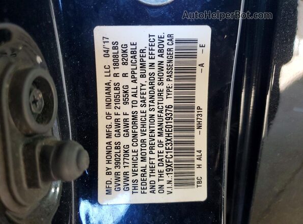 19XFC1E3XHE019376 2017 HONDA CIVIC Black ძრავის განყოფილების ხედი