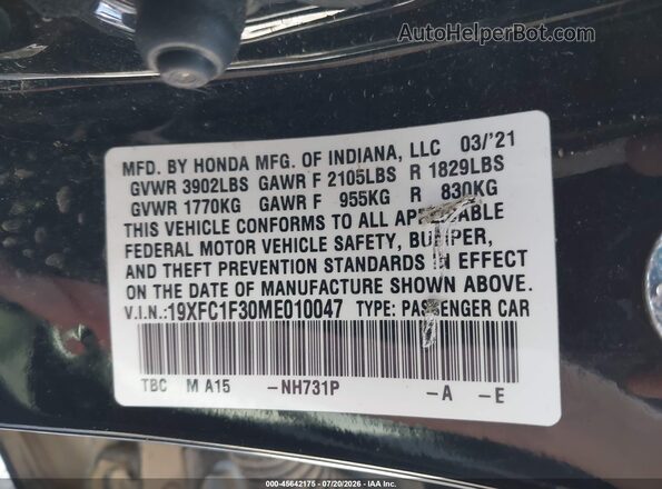 19XFC1F30ME010047 2021 HONDA CIVIC Black Շարժիչի բաժամունքի տեսք