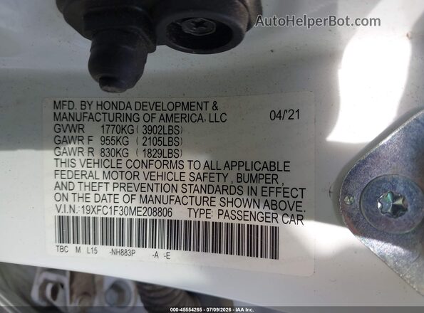 19XFC1F30ME208806 2021 HONDA CIVIC White Вид підкапотного простору