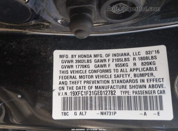 19XFC1F31GE012782 2016 HONDA CIVIC Black Շարժիչի բաժամունքի տեսք