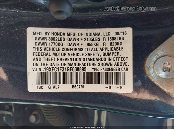 19XFC1F31GE038895 2016 HONDA CIVIC Green Շարժիչի բաժամունքի տեսք