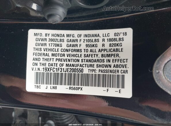 19XFC1F31JE200550 2018 HONDA CIVIC Черный Вид подкапотного пространства