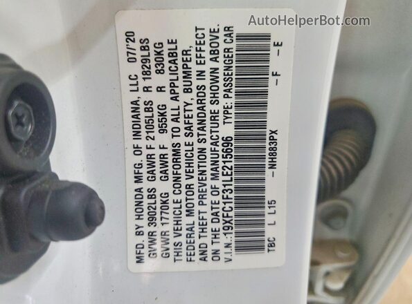 19XFC1F31LE215696 2020 HONDA CIVIC White Շարժիչի բաժամունքի տեսք