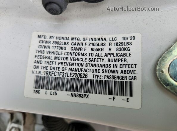19XFC1F31LE220526 2020 HONDA CIVIC White Engine compartment view