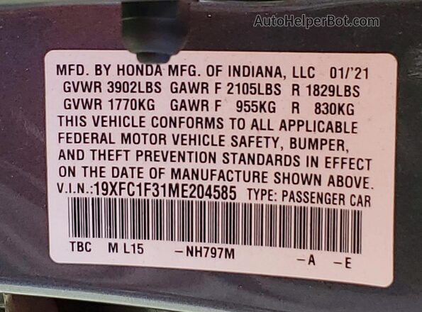 19XFC1F31ME204585 2021 HONDA CIVIC Угольный Вид наклейки с VIN-кодом