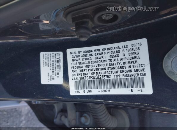 19XFC1F32GE215762 2016 HONDA CIVIC Black Вид підкапотного простору