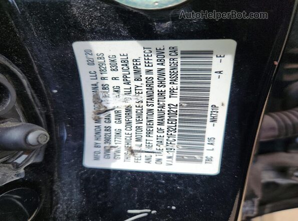 19XFC1F32LE010212 2020 HONDA CIVIC Black Vista de la etiqueta del VIN