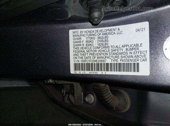 19XFC1F32ME208967 2021 HONDA CIVIC Silver Widok komory silnika