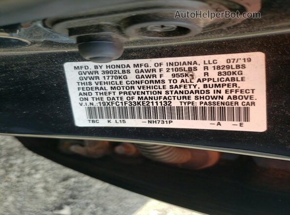 19XFC1F33KE211132 2019 HONDA CIVIC Black Vista del compartimento del motor