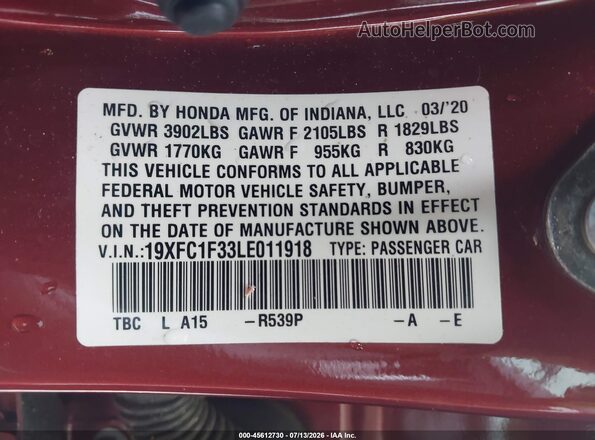 19XFC1F33LE011918 2020 HONDA CIVIC Red Vista del compartimento del motor