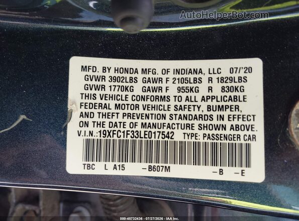 19XFC1F33LE017542 2020 HONDA CIVIC Blue ძრავის განყოფილების ხედი