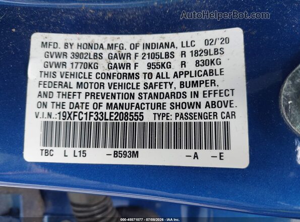 19XFC1F33LE208555 2020 HONDA CIVIC Blue Вид підкапотного простору