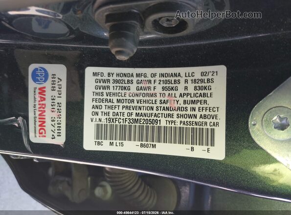 19XFC1F33ME205091 2021 HONDA CIVIC Black ძრავის განყოფილების ხედი