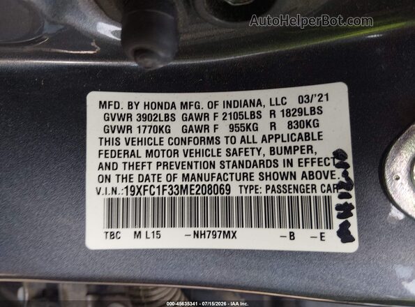 19XFC1F33ME208069 2021 HONDA CIVIC Gray Vista del compartimento del motor