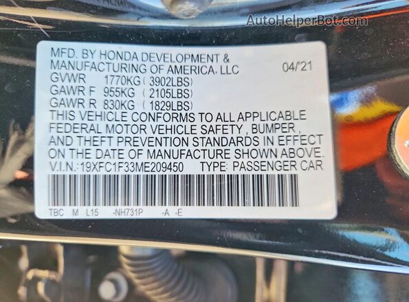 19XFC1F33ME209450 2021 HONDA CIVIC Black Շարժիչի բաժամունքի տեսք