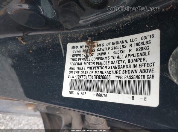 19XFC1F34GE020066 2016 HONDA CIVIC Black ძრავის განყოფილების ხედი