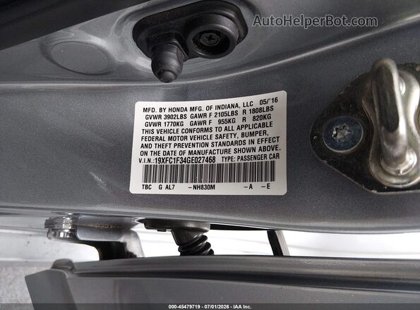 19XFC1F34GE027468 2016 HONDA CIVIC Silver Vista del compartimento del motor