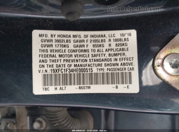 19XFC1F34HE000515 2017 HONDA CIVIC Blue Vista del compartimento del motor