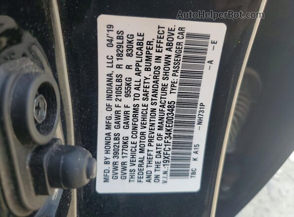19XFC1F34KE003485 2019 HONDA CIVIC Black ძრავის განყოფილების ხედი