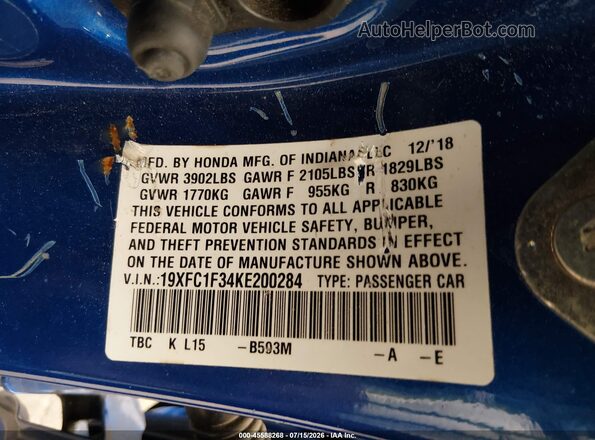 19XFC1F34KE200284 2019 HONDA CIVIC Синий Вид подкапотного пространства