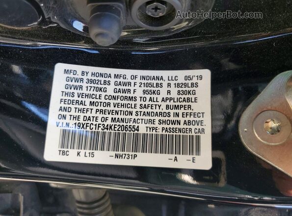 19XFC1F34KE206554 2019 HONDA CIVIC Черный Вид подкапотного пространства