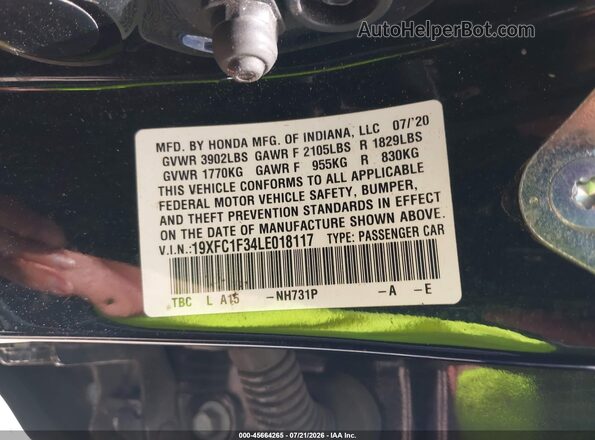 19XFC1F34LE018117 2020 HONDA CIVIC Black Вид підкапотного простору