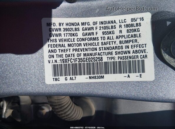 19XFC1F35GE025258 2016 HONDA CIVIC Silver Вид підкапотного простору