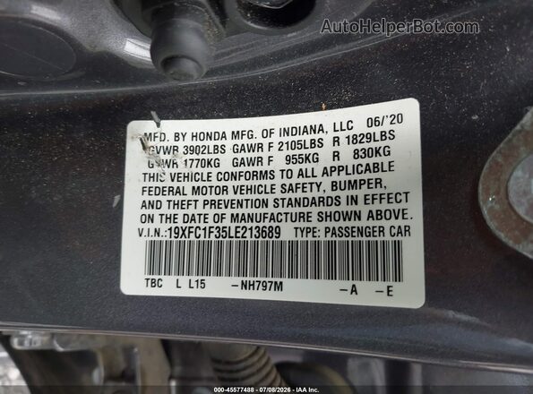 19XFC1F35LE213689 2020 HONDA CIVIC Gray ძრავის განყოფილების ხედი