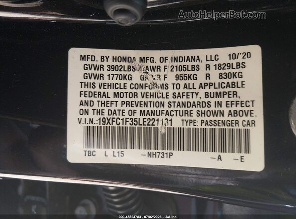19XFC1F35LE221131 2020 HONDA CIVIC Black Вид підкапотного простору