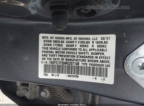19XFC1F35ME207148 2021 HONDA CIVIC Gray Շարժիչի բաժամունքի տեսք