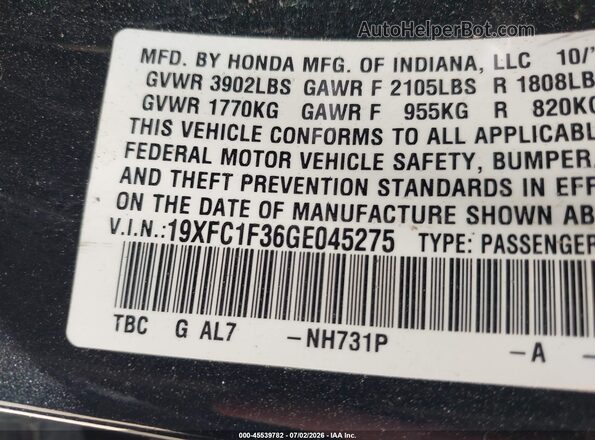 19XFC1F36GE045275 2016 HONDA CIVIC Black ძრავის განყოფილების ხედი