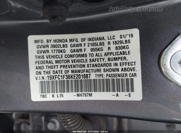 19XFC1F36KE201887 2019 HONDA CIVIC Gray Vista del compartimento del motor