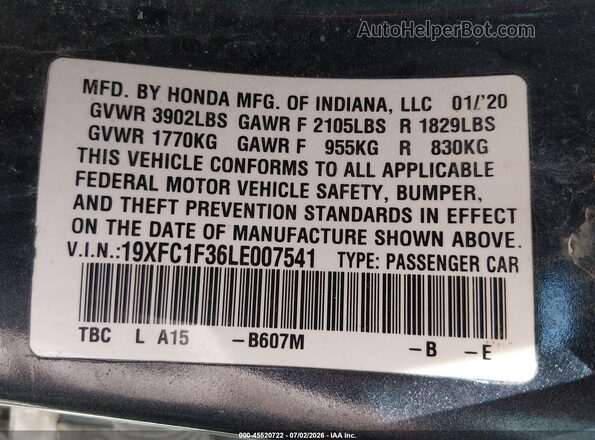 19XFC1F36LE007541 2020 HONDA CIVIC Blue Engine compartment view