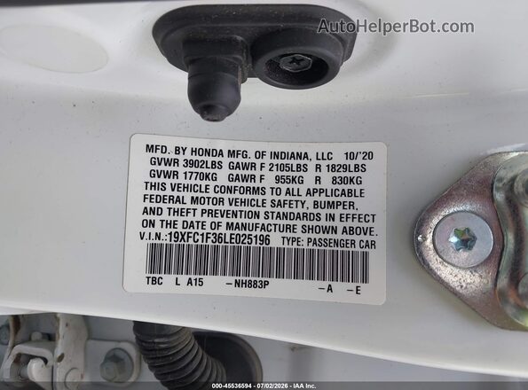 19XFC1F36LE025196 2020 HONDA CIVIC White Вид підкапотного простору
