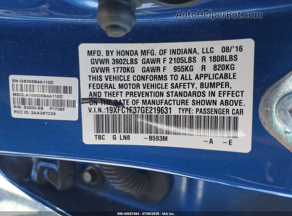 19XFC1F37GE219631 2016 HONDA CIVIC Blue Engine compartment view