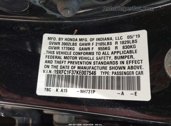 19XFC1F37KE007546 2019 HONDA CIVIC Black Vista del compartimento del motor